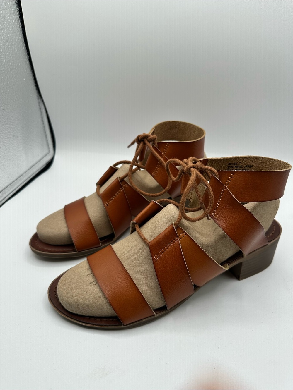 Women's CAMEL Leather Strappy Block Heel Sandals with Lace-Up Detail SZ 7 - Picture 3 of 5